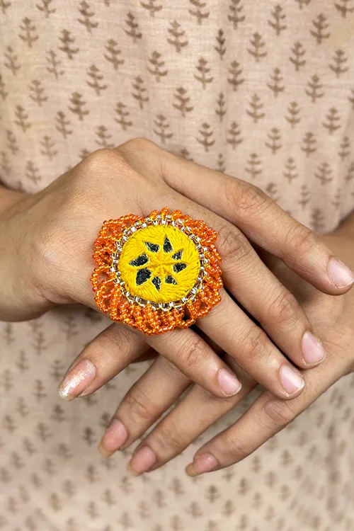 Antarang- Haldi Pushpa(Yellow-Orange), Bead Jumki Ring,  100% Cotton. Hand Made By Divyang Rural Women.