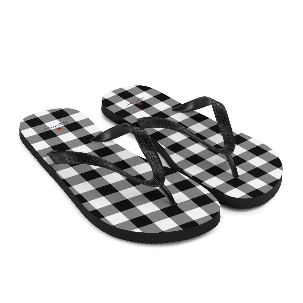Buffalo Plaid Flip Flops, Black White Check Comfortable Footwear Thong Sandals Summer Woman Men Beach Print Rubber Shoes