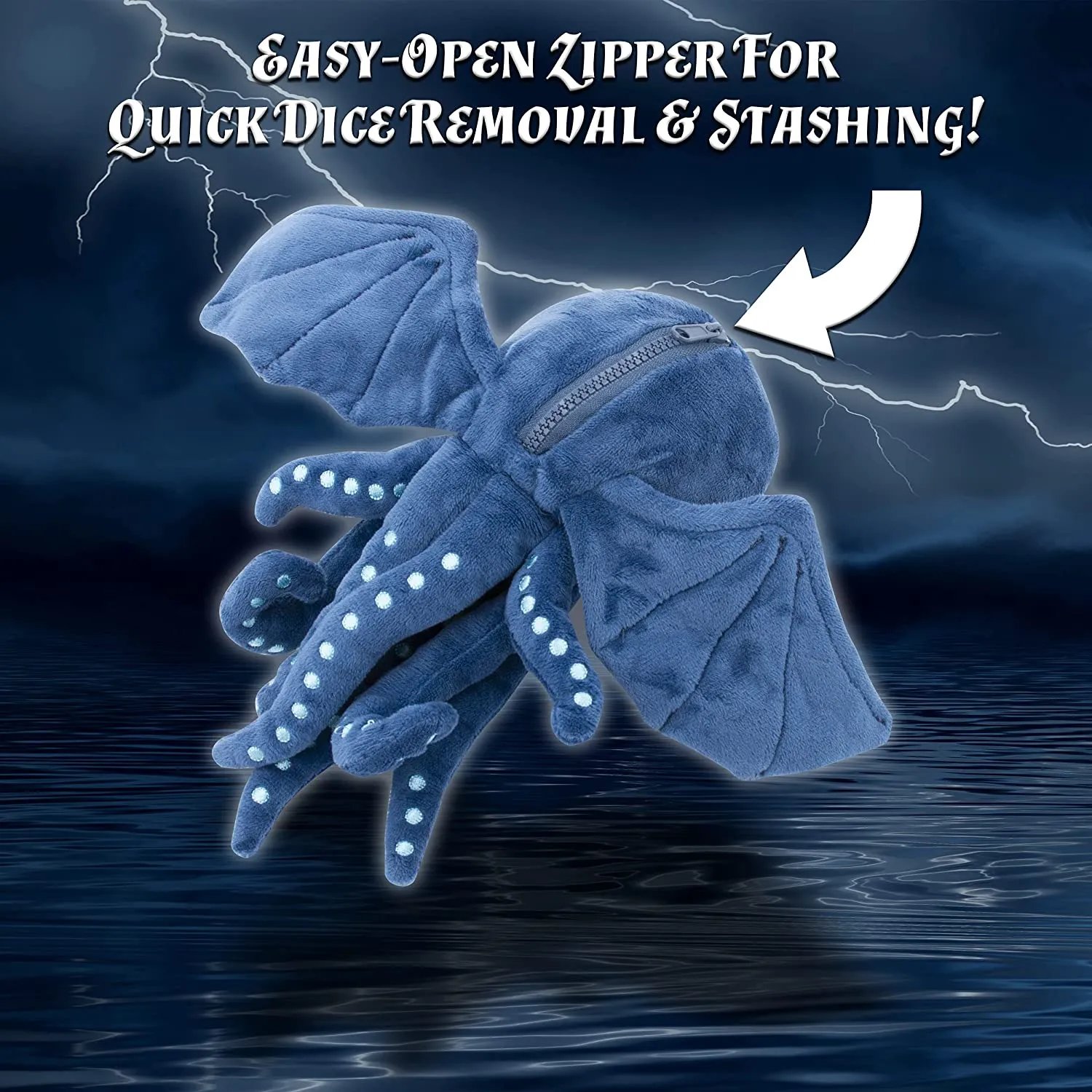 CASEMATIX Soft Dice Case and Dice Holder with 7 Included RPG Dice - 9.5" Sea Monster Figure with Dice Storage Zipper Compartment for up to 21 Dice
