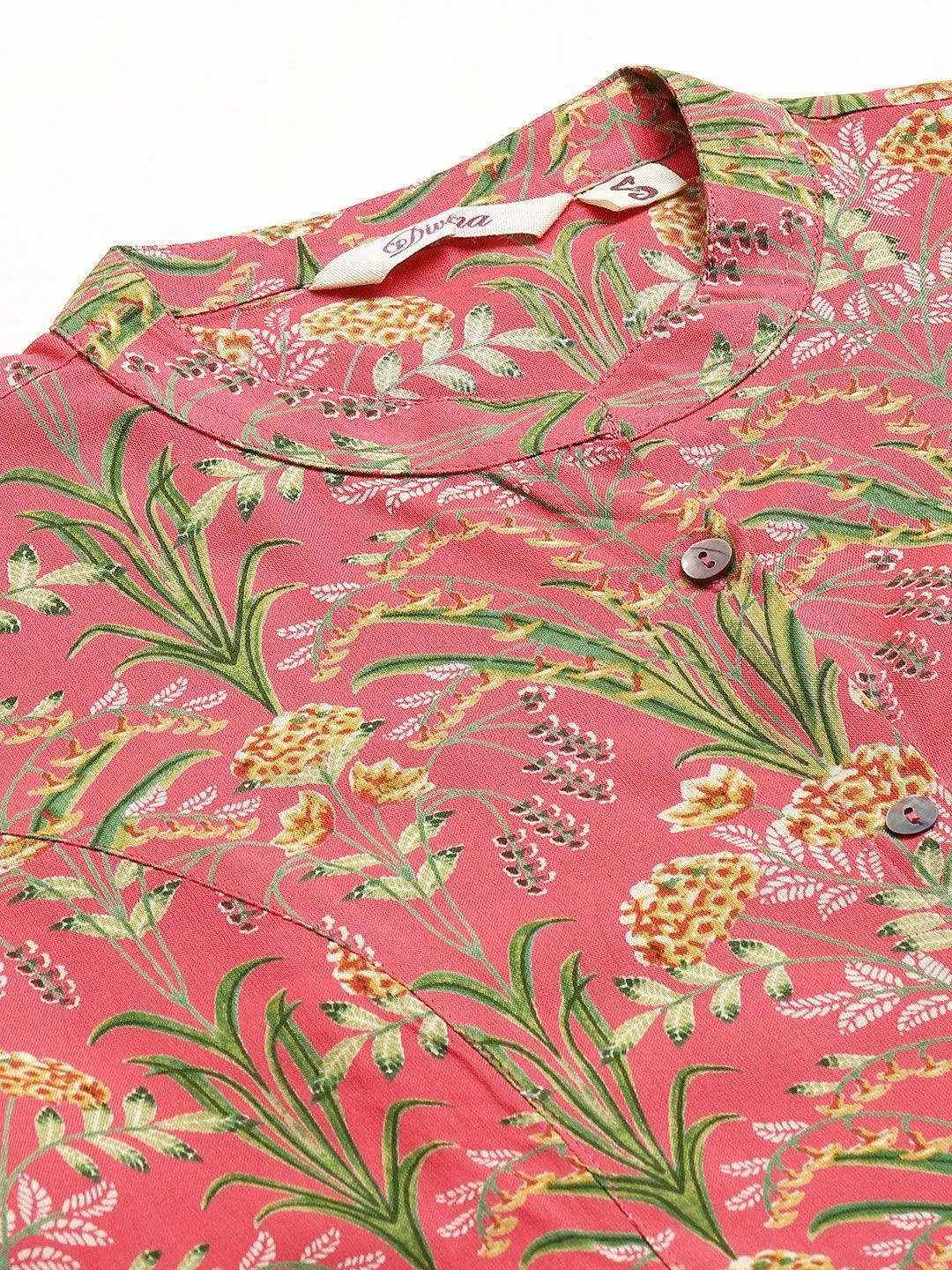 Dark Pink Floral Rayon A-line Shirts Style Top