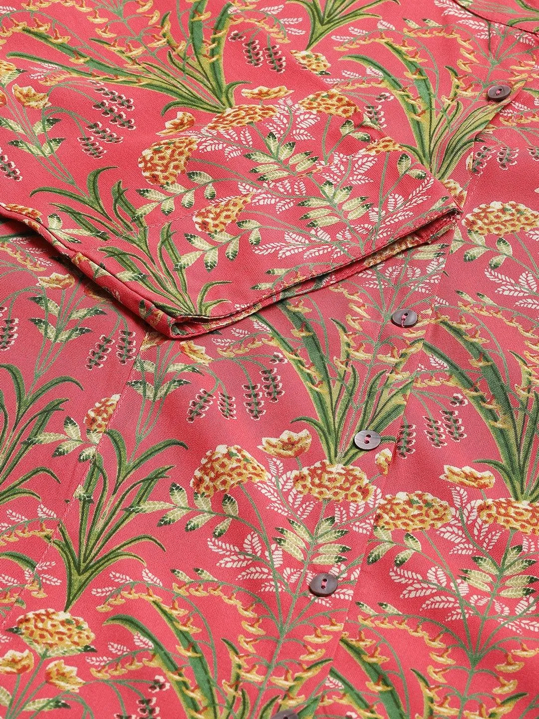 Dark Pink Floral Rayon A-line Shirts Style Top