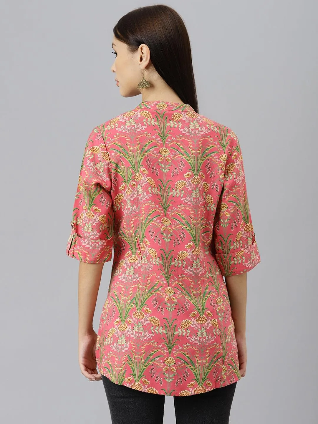 Dark Pink Floral Rayon A-line Shirts Style Top