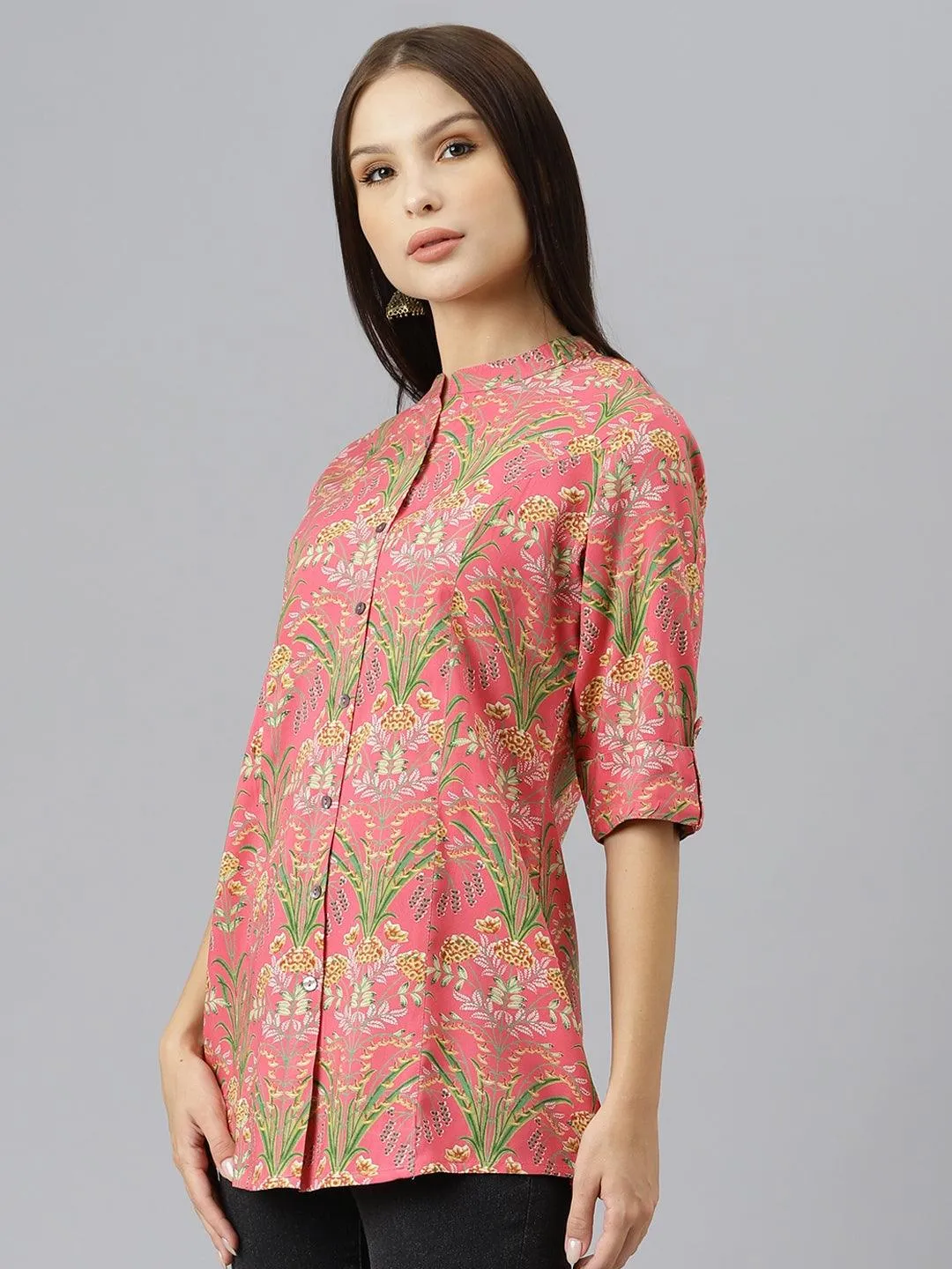 Dark Pink Floral Rayon A-line Shirts Style Top
