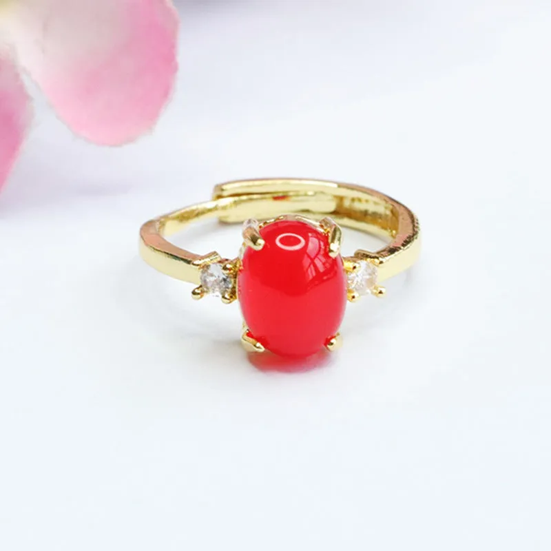 Ethnic Style Adjustable Natural Green Chalcedony and Pigeon Blood Red Agate Sterling Silver Ring