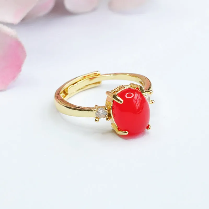 Ethnic Style Adjustable Natural Green Chalcedony and Pigeon Blood Red Agate Sterling Silver Ring