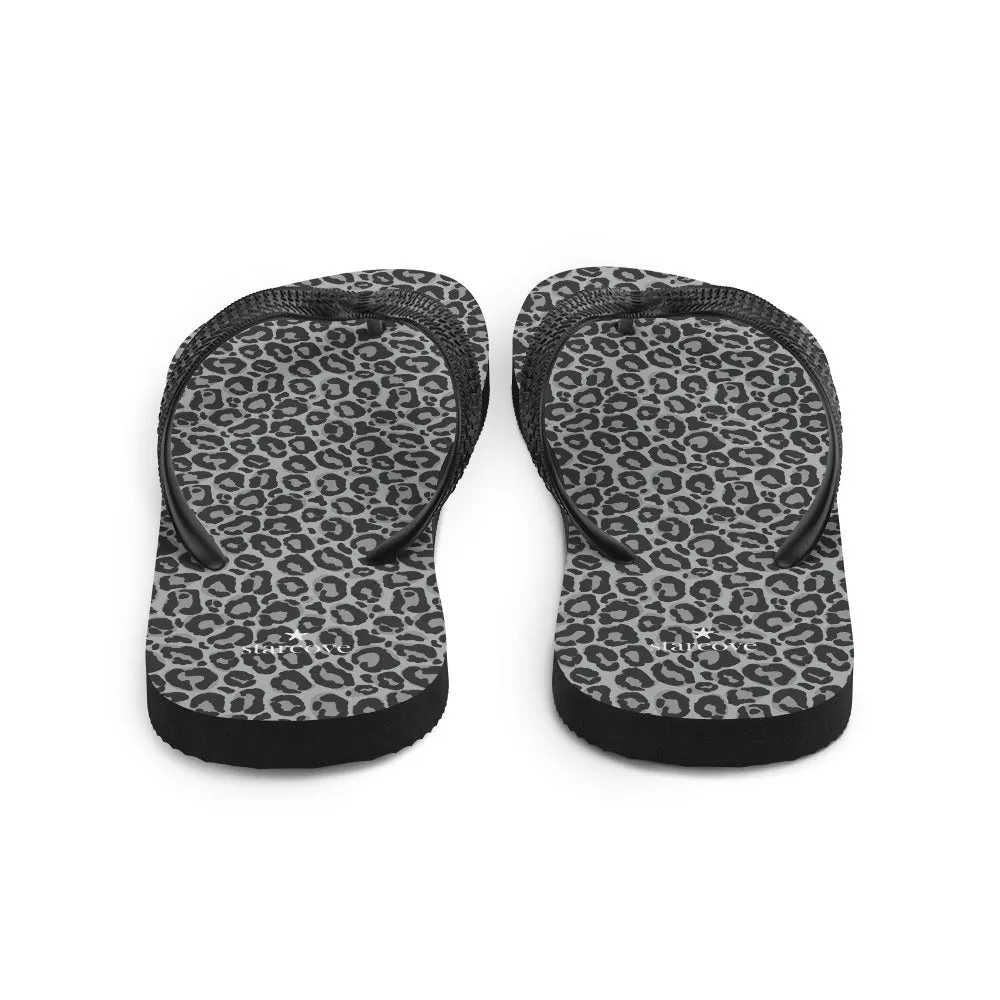 Grey Leopard Flip Flops, Animal Print Comfortable Footwear Thong Sandals Summer Woman Men Beach Print Rubber Shoes