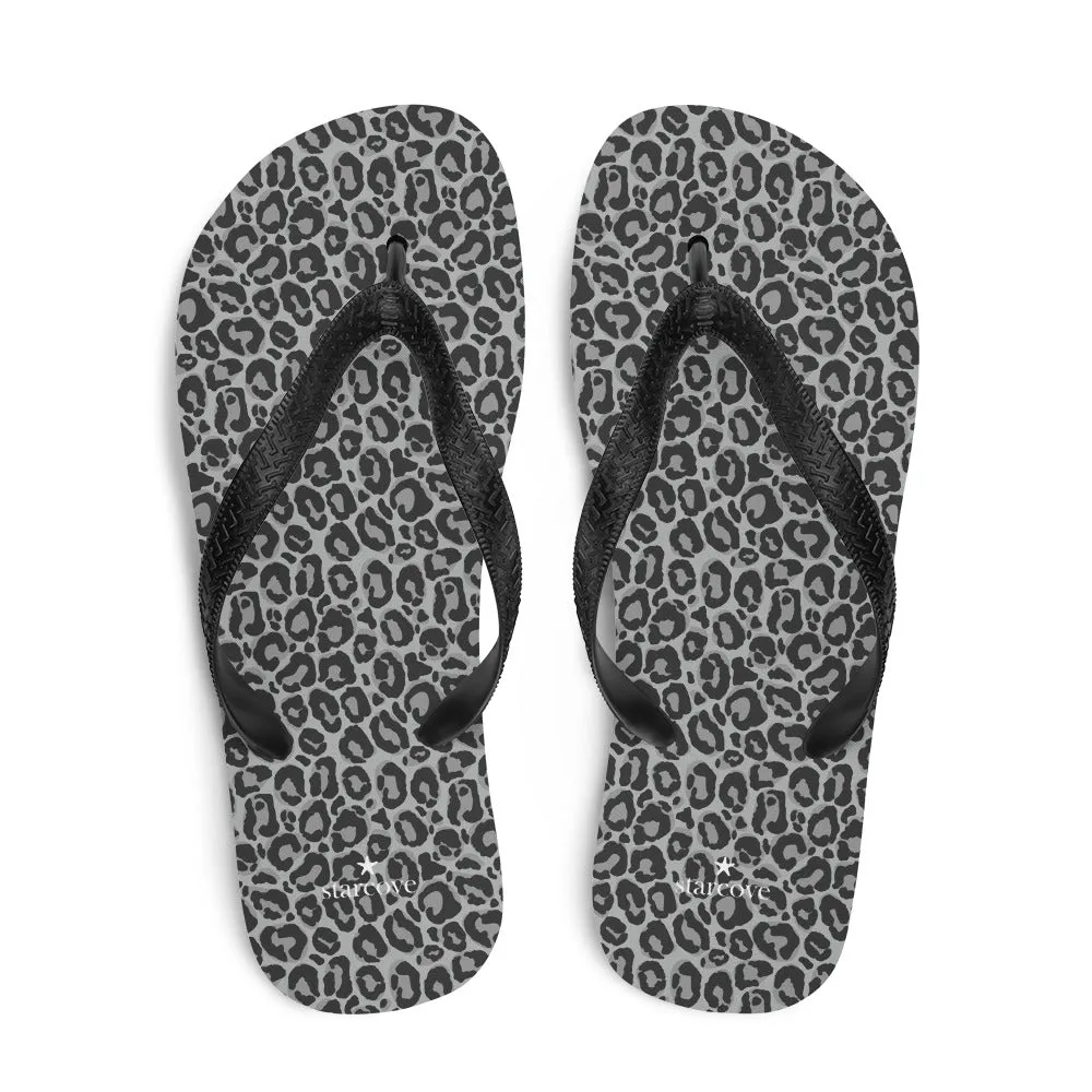 Grey Leopard Flip Flops, Animal Print Comfortable Footwear Thong Sandals Summer Woman Men Beach Print Rubber Shoes
