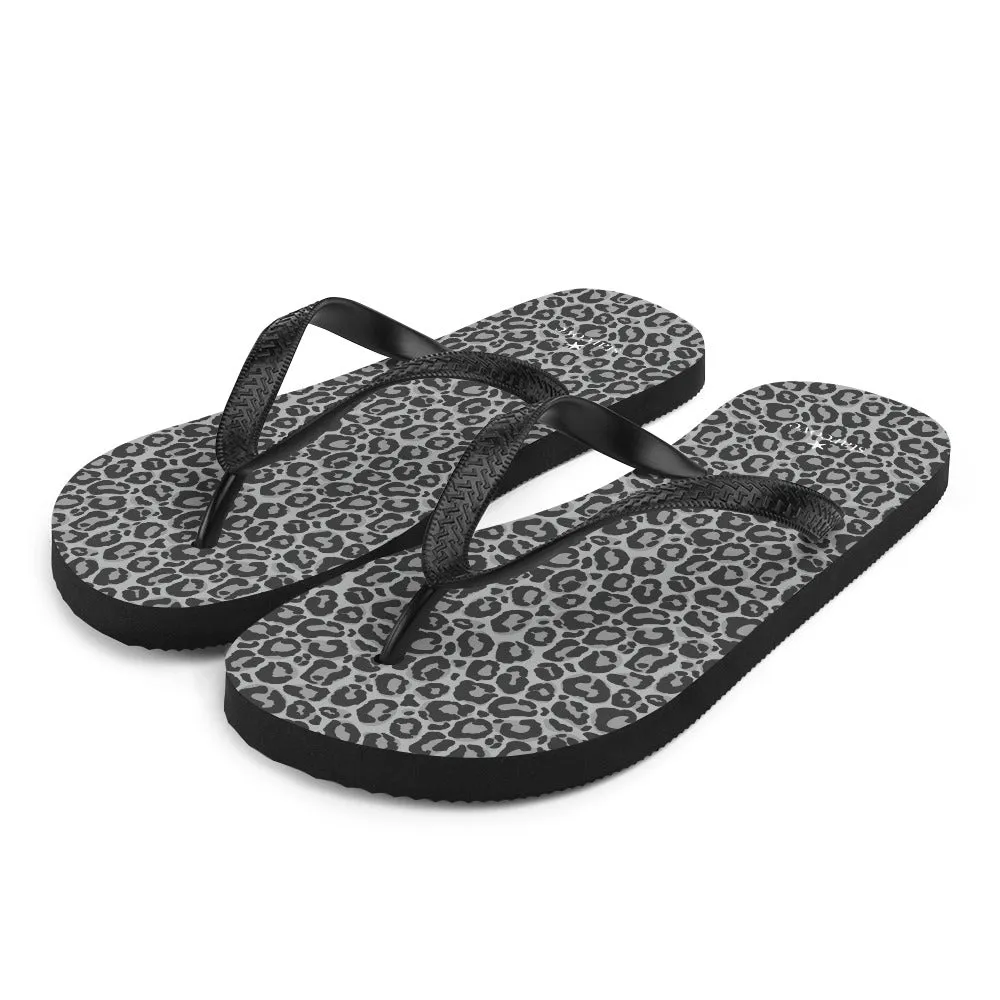 Grey Leopard Flip Flops, Animal Print Comfortable Footwear Thong Sandals Summer Woman Men Beach Print Rubber Shoes