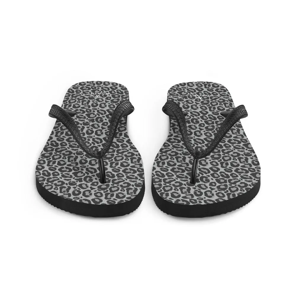 Grey Leopard Flip Flops, Animal Print Comfortable Footwear Thong Sandals Summer Woman Men Beach Print Rubber Shoes