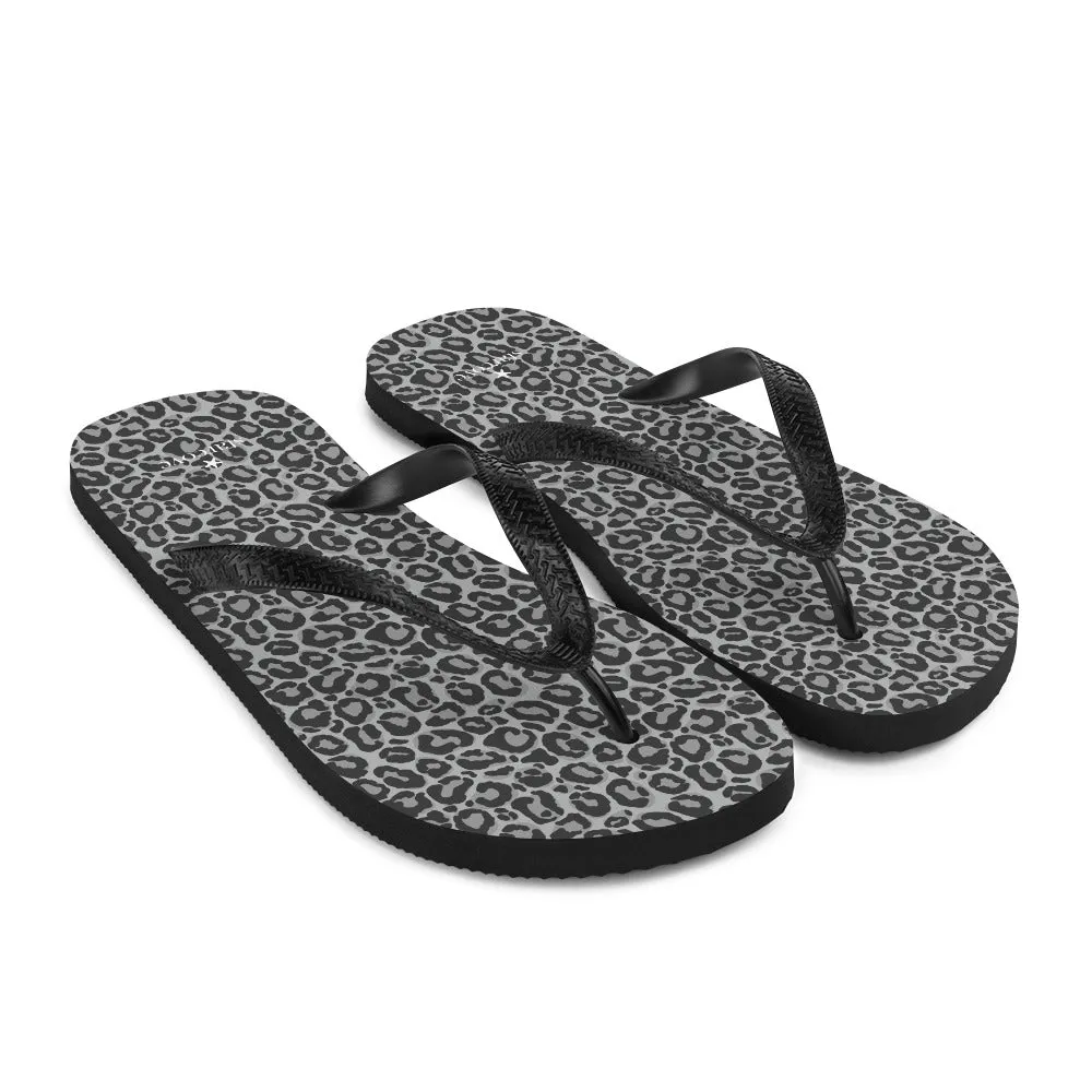 Grey Leopard Flip Flops, Animal Print Comfortable Footwear Thong Sandals Summer Woman Men Beach Print Rubber Shoes
