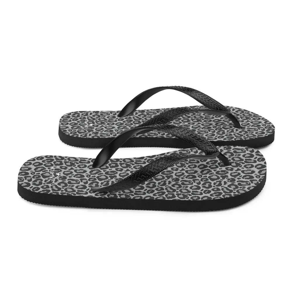 Grey Leopard Flip Flops, Animal Print Comfortable Footwear Thong Sandals Summer Woman Men Beach Print Rubber Shoes