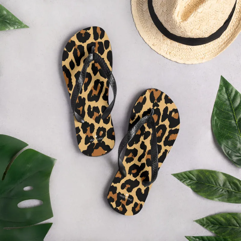 Leopard Print Flip Flops, Cheetah Animal Comfortable Beach Sandals Fun Cute Designer Men Women Foam Slippers Shoes