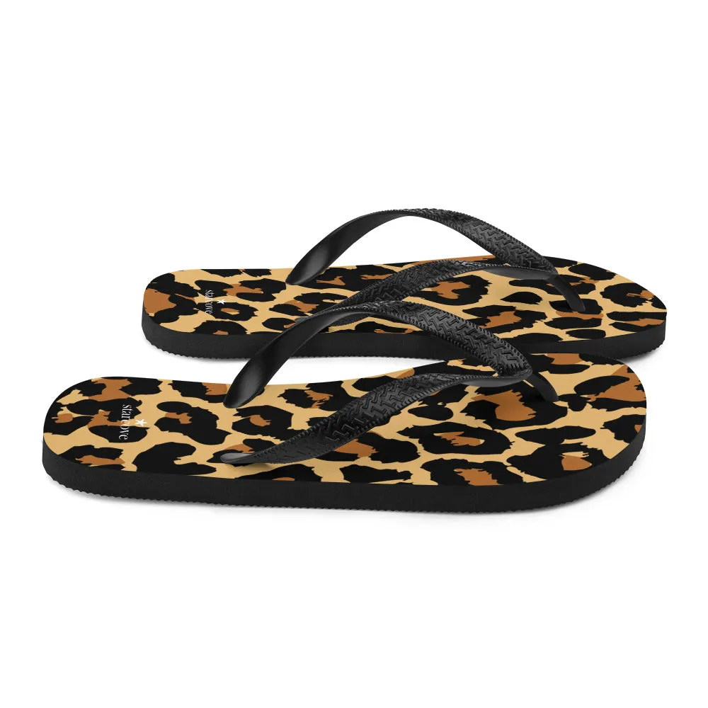 Leopard Print Flip Flops, Cheetah Animal Comfortable Beach Sandals Fun Cute Designer Men Women Foam Slippers Shoes