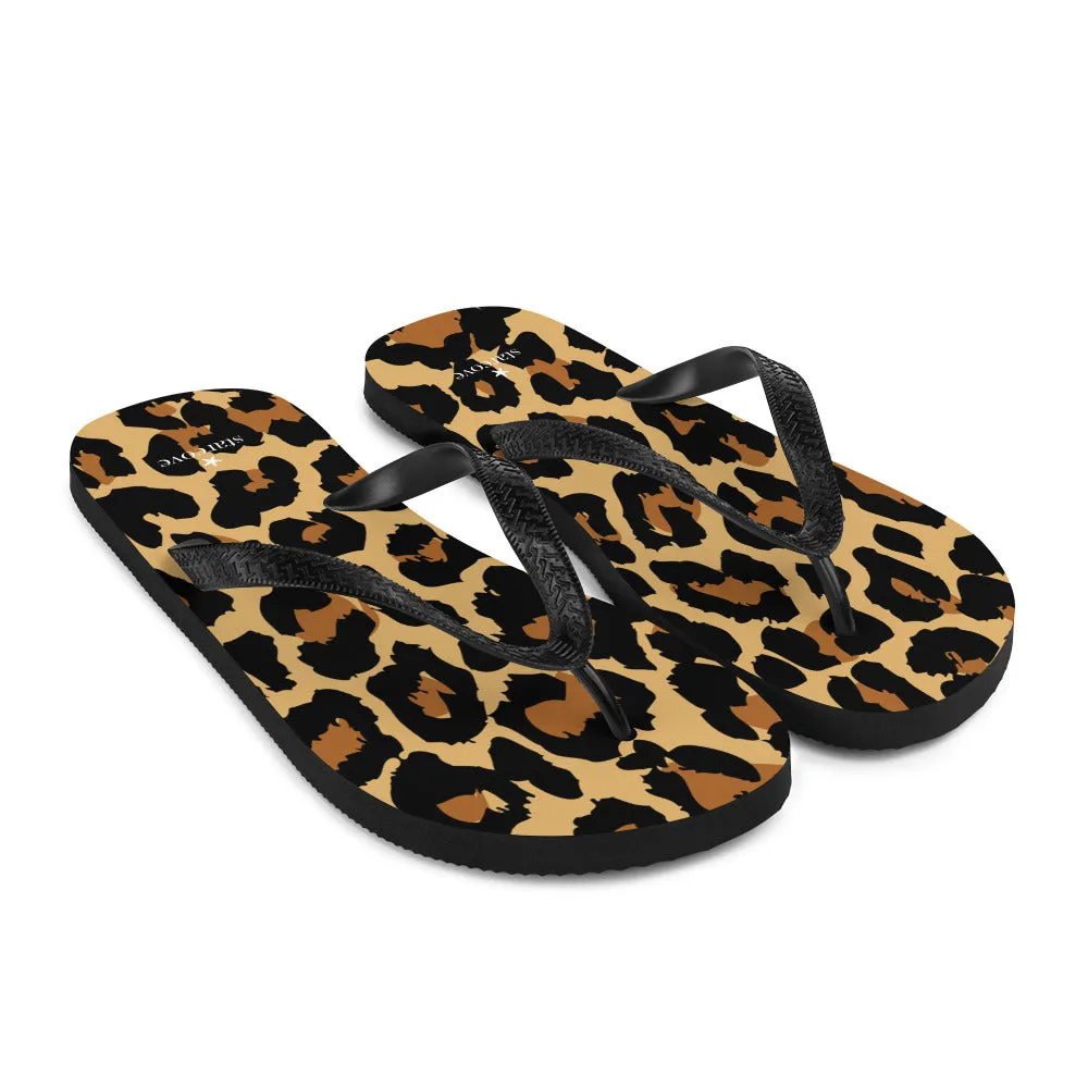 Leopard Print Flip Flops, Cheetah Animal Comfortable Beach Sandals Fun Cute Designer Men Women Foam Slippers Shoes