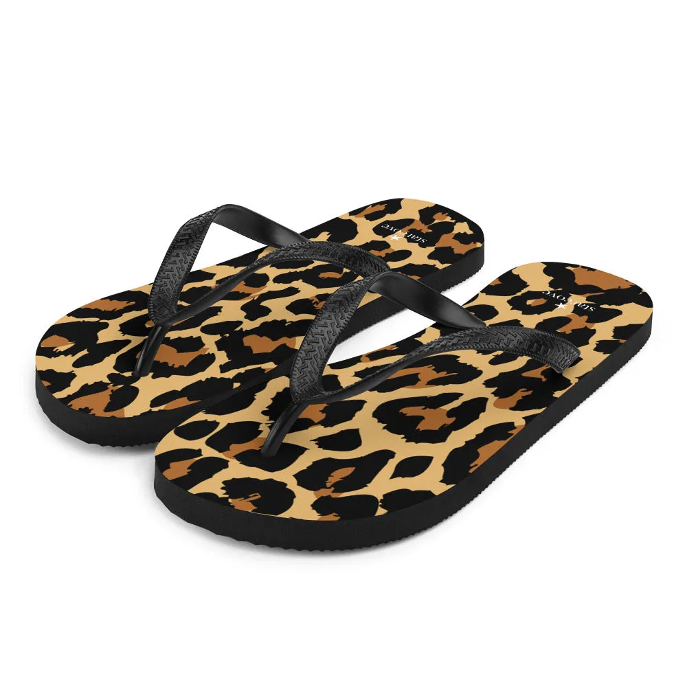 Leopard Print Flip Flops, Cheetah Animal Comfortable Beach Sandals Fun Cute Designer Men Women Foam Slippers Shoes