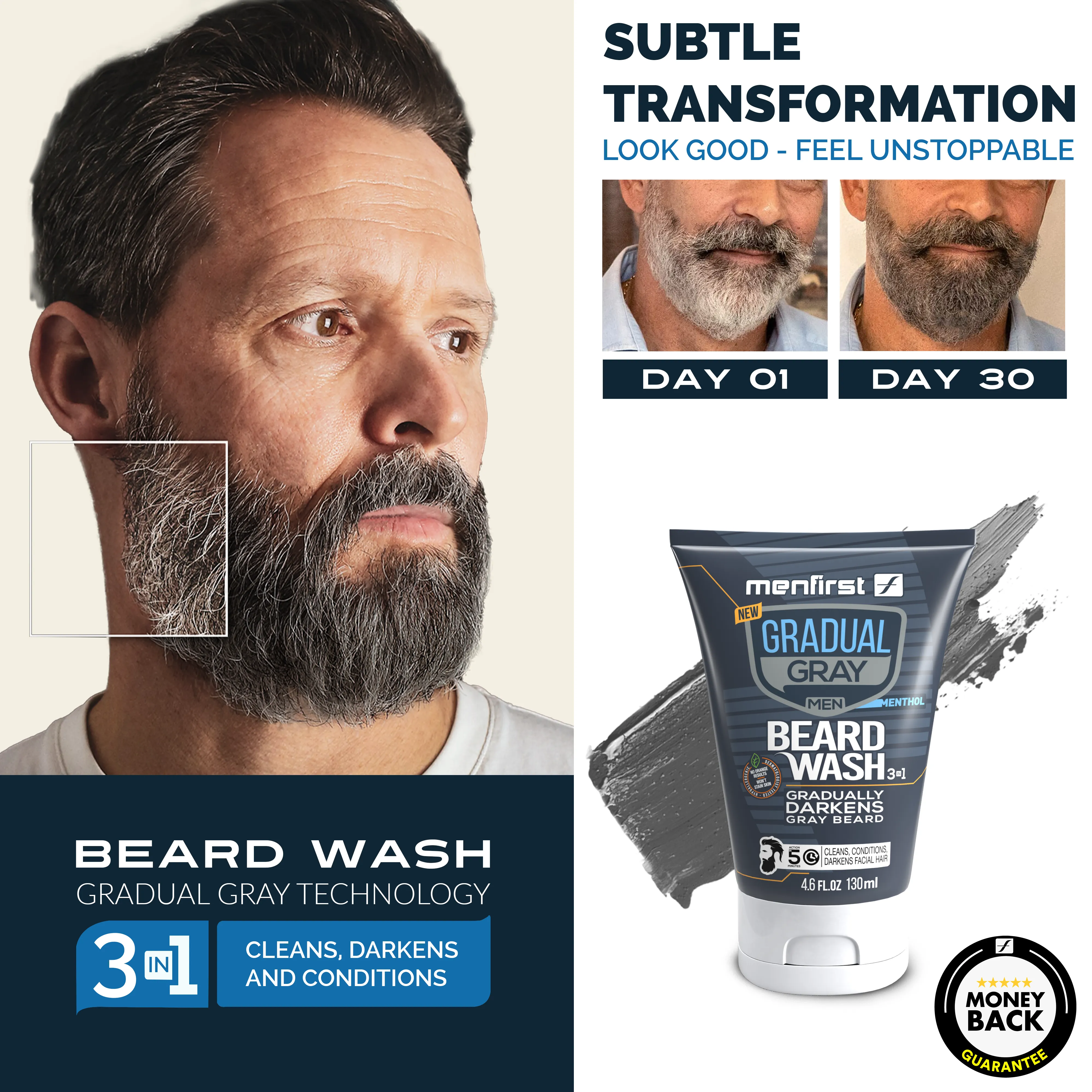 Menfirst Gradual Gray - Beard Wash - Natural Darkening Formula - 3 Pack - 4.6 Oz Each