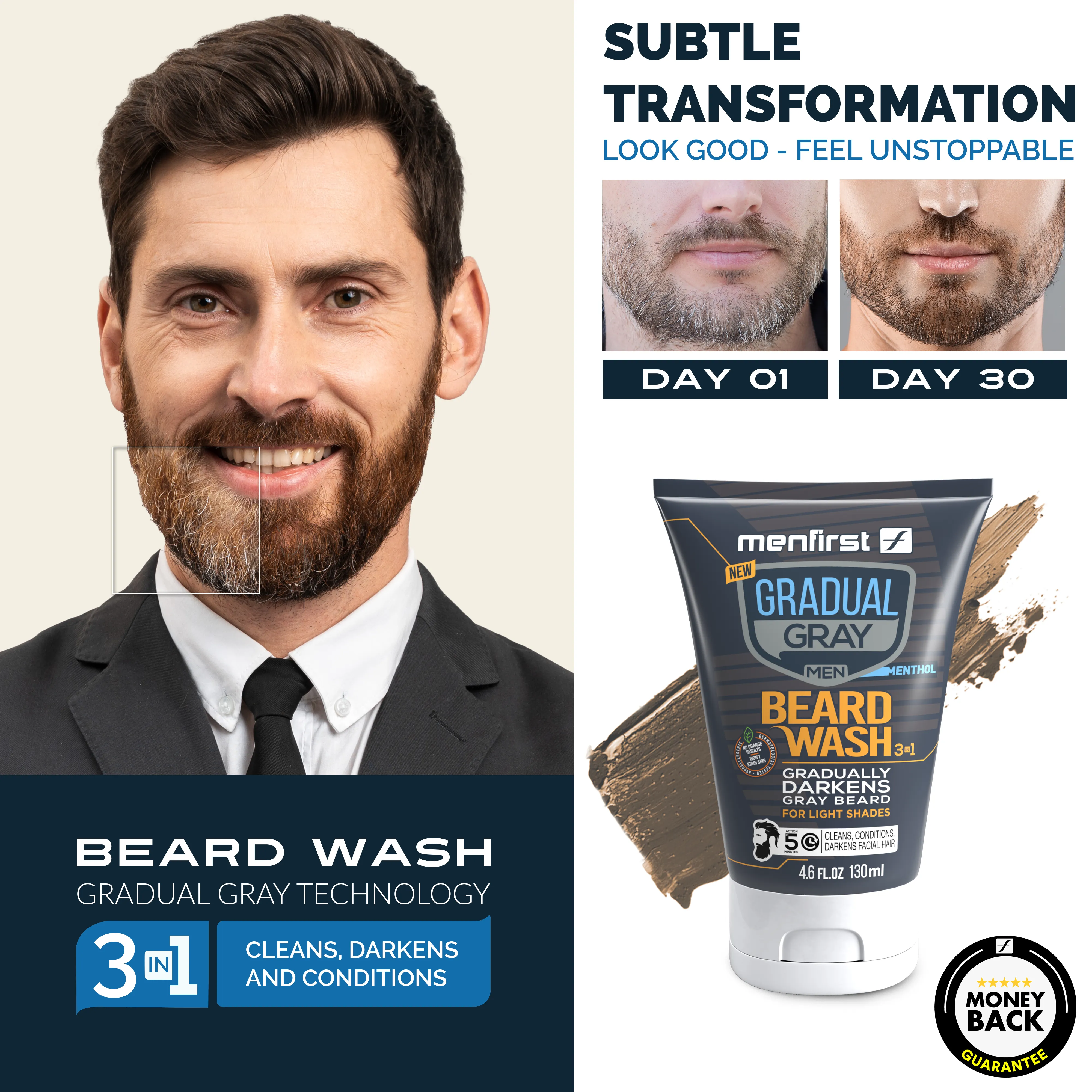 Menfirst Gradual Gray - Beard Wash - Natural Darkening Formula - 3 Pack - 4.6 Oz Each
