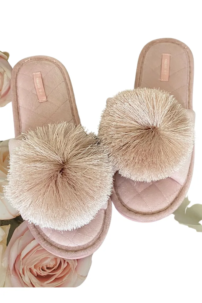 Open-Toe Pom Pom Slippers