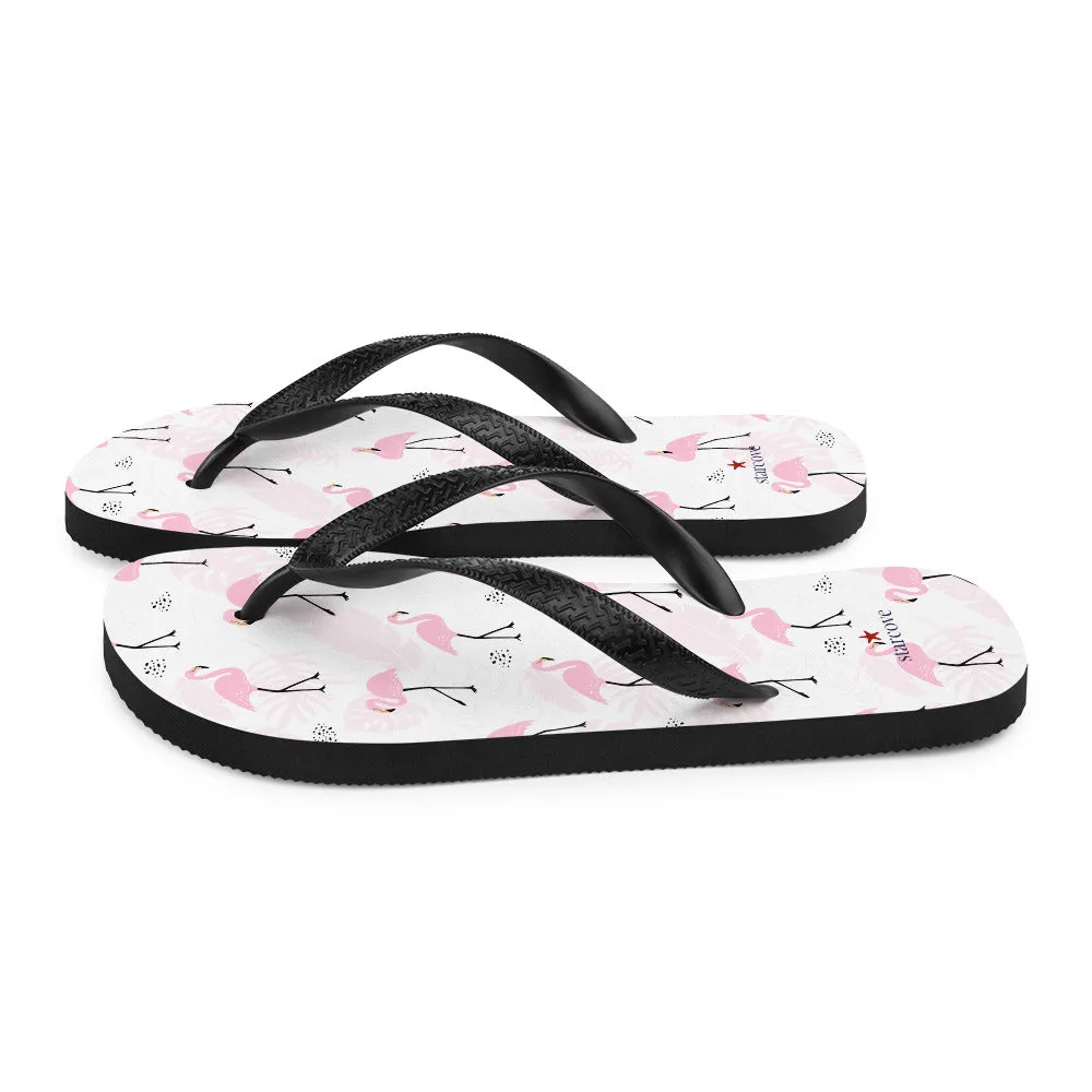 Pink Flamingo Flip Flops, Tropical White Comfortable Footwear Thong Sandals Summer Woman Men Beach Print Slip On Rubber Shoes