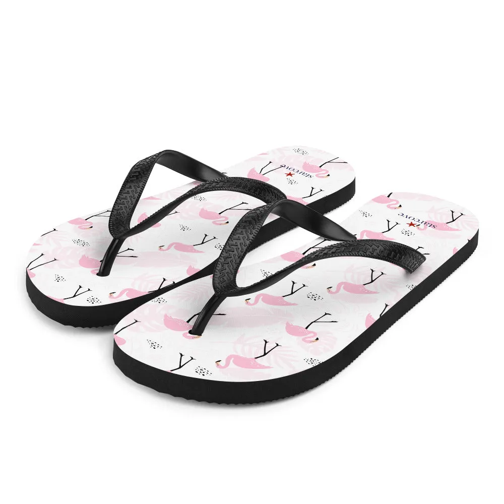 Pink Flamingo Flip Flops, Tropical White Comfortable Footwear Thong Sandals Summer Woman Men Beach Print Slip On Rubber Shoes