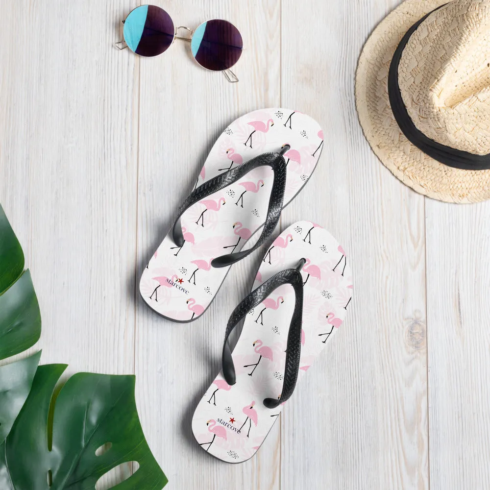 Pink Flamingo Flip Flops, Tropical White Comfortable Footwear Thong Sandals Summer Woman Men Beach Print Slip On Rubber Shoes