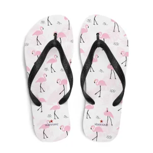 Pink Flamingo Flip Flops, Tropical White Comfortable Footwear Thong Sandals Summer Woman Men Beach Print Slip On Rubber Shoes