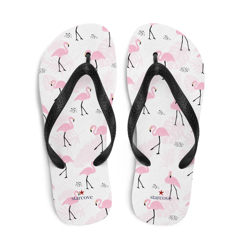 Pink Flamingo Flip Flops, Tropical White Comfortable Footwear Thong Sandals Summer Woman Men Beach Print Slip On Rubber Shoes