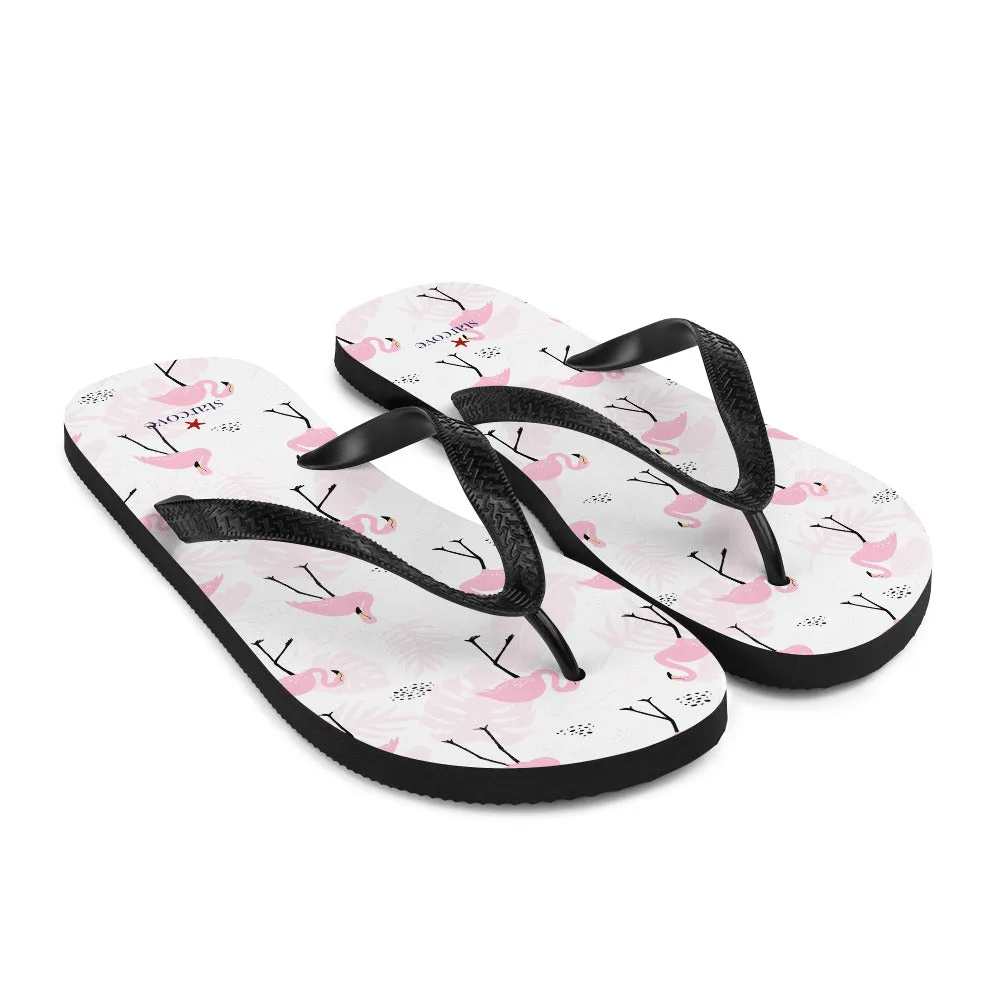 Pink Flamingo Flip Flops, Tropical White Comfortable Footwear Thong Sandals Summer Woman Men Beach Print Slip On Rubber Shoes