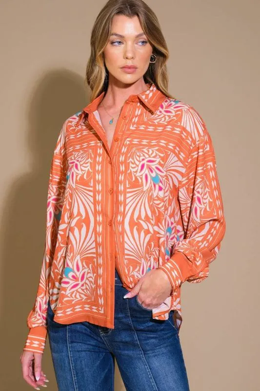 Print Button Up Blouse