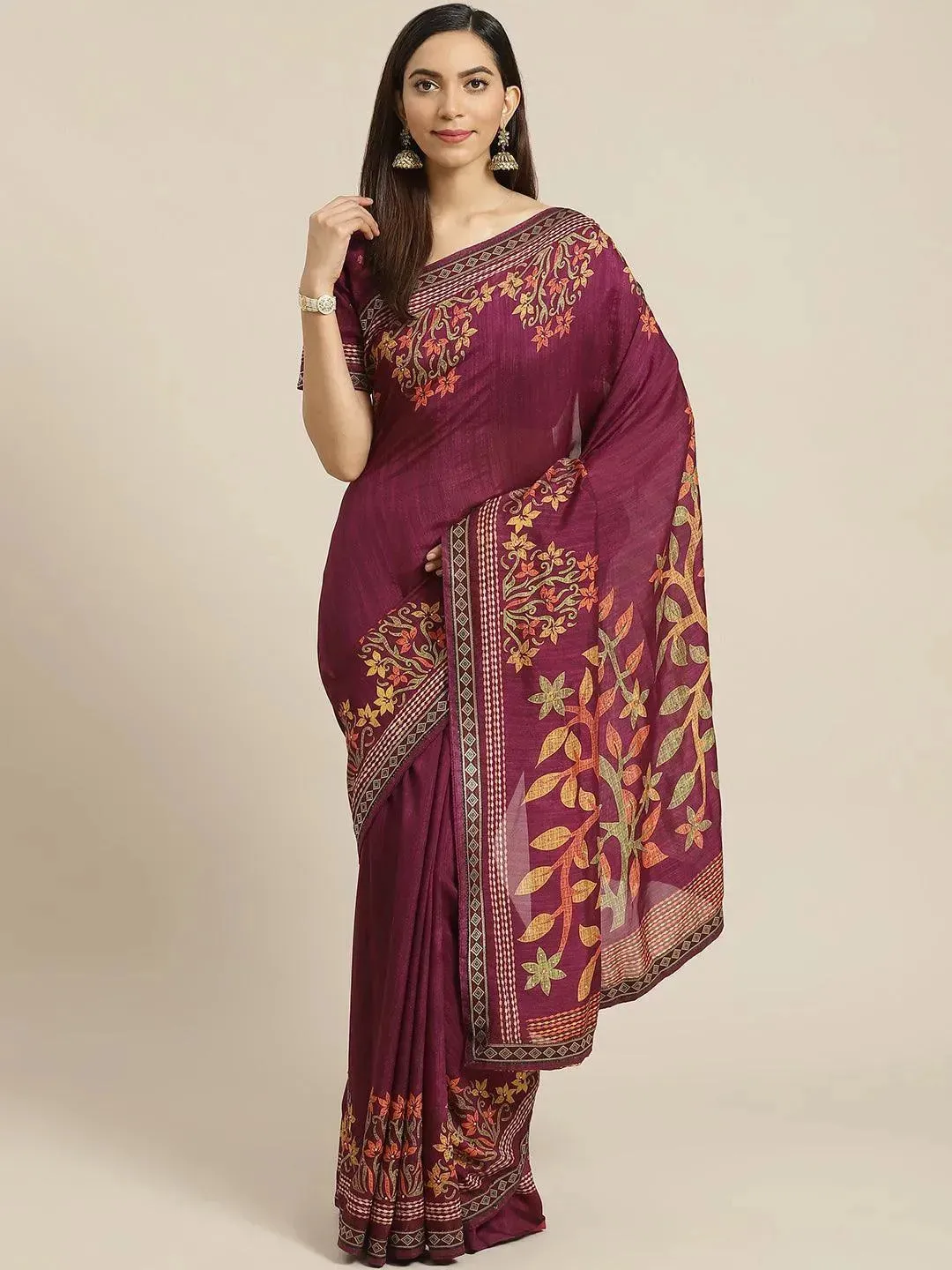 Purple Printed Polyester Saree