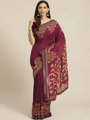 Purple Printed Polyester Saree