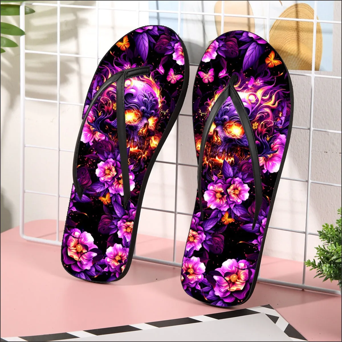 Purple Skull Abstract Floral Flip Flops for Women Beach