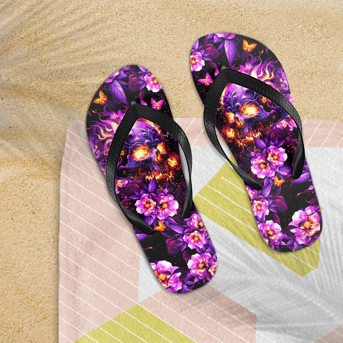 Purple Skull Abstract Floral Flip Flops for Women Beach