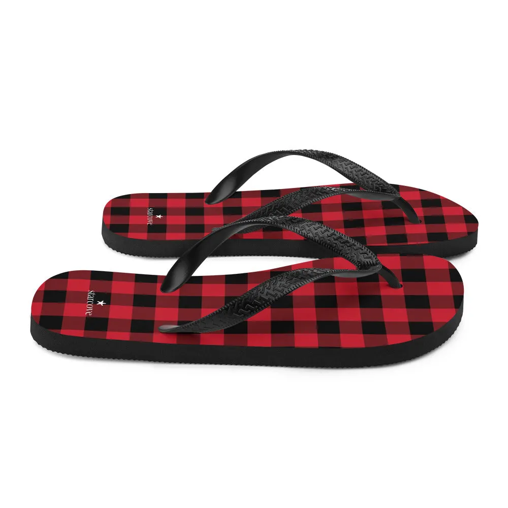 Red Buffalo Plaid Flip Flops, Black Checkered Check Square Pattern Comfortable Thong Sandals Women Men Beach Print Rubber Slippers Shoes