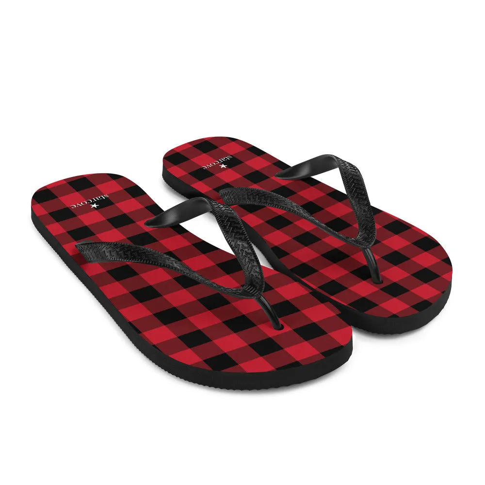 Red Buffalo Plaid Flip Flops, Black Checkered Check Square Pattern Comfortable Thong Sandals Women Men Beach Print Rubber Slippers Shoes