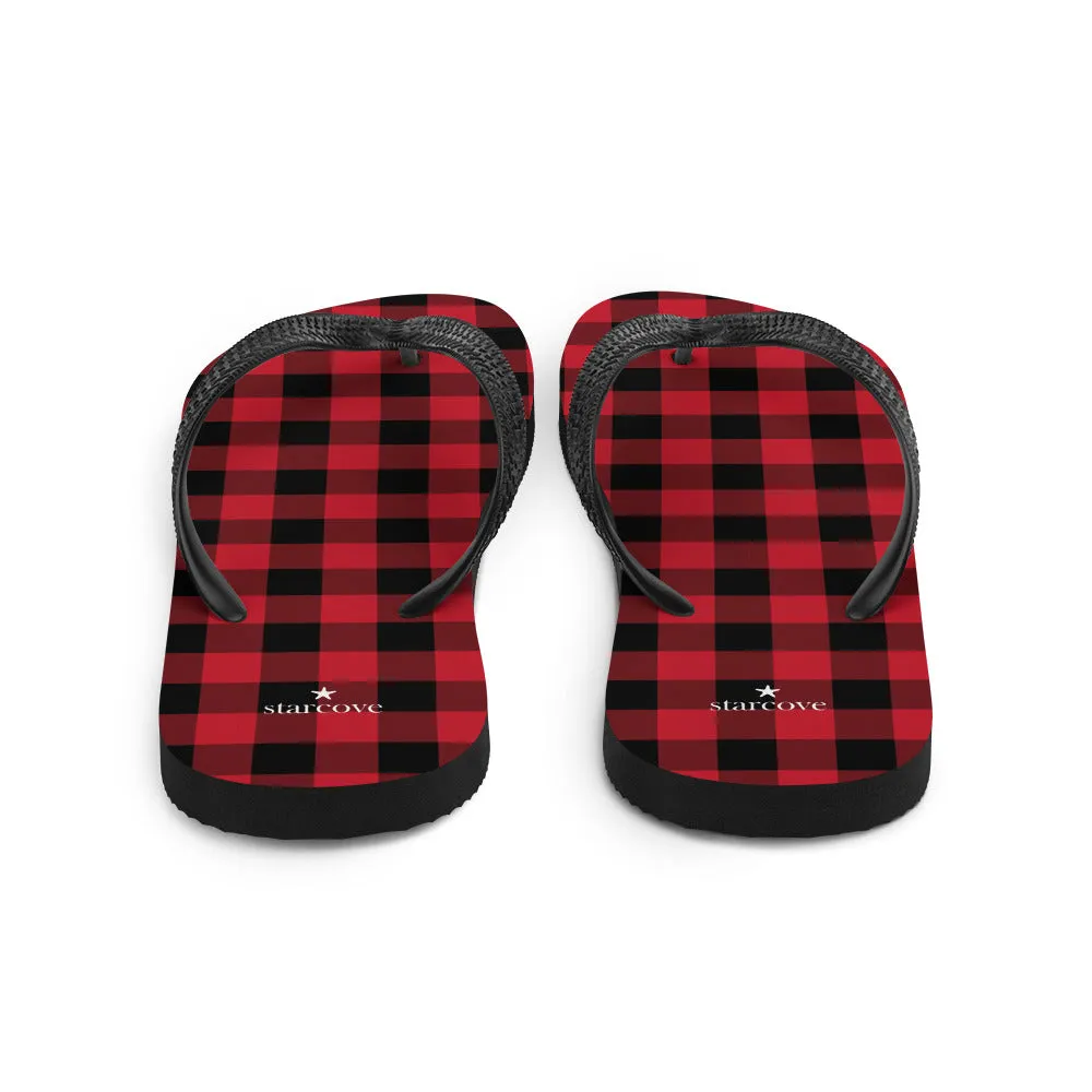 Red Buffalo Plaid Flip Flops, Black Checkered Check Square Pattern Comfortable Thong Sandals Women Men Beach Print Rubber Slippers Shoes