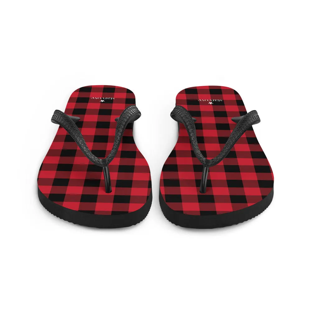 Red Buffalo Plaid Flip Flops, Black Checkered Check Square Pattern Comfortable Thong Sandals Women Men Beach Print Rubber Slippers Shoes