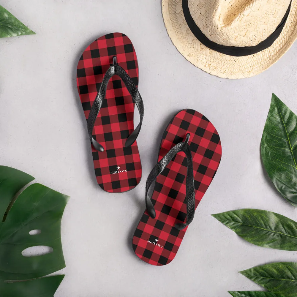 Red Buffalo Plaid Flip Flops, Black Checkered Check Square Pattern Comfortable Thong Sandals Women Men Beach Print Rubber Slippers Shoes