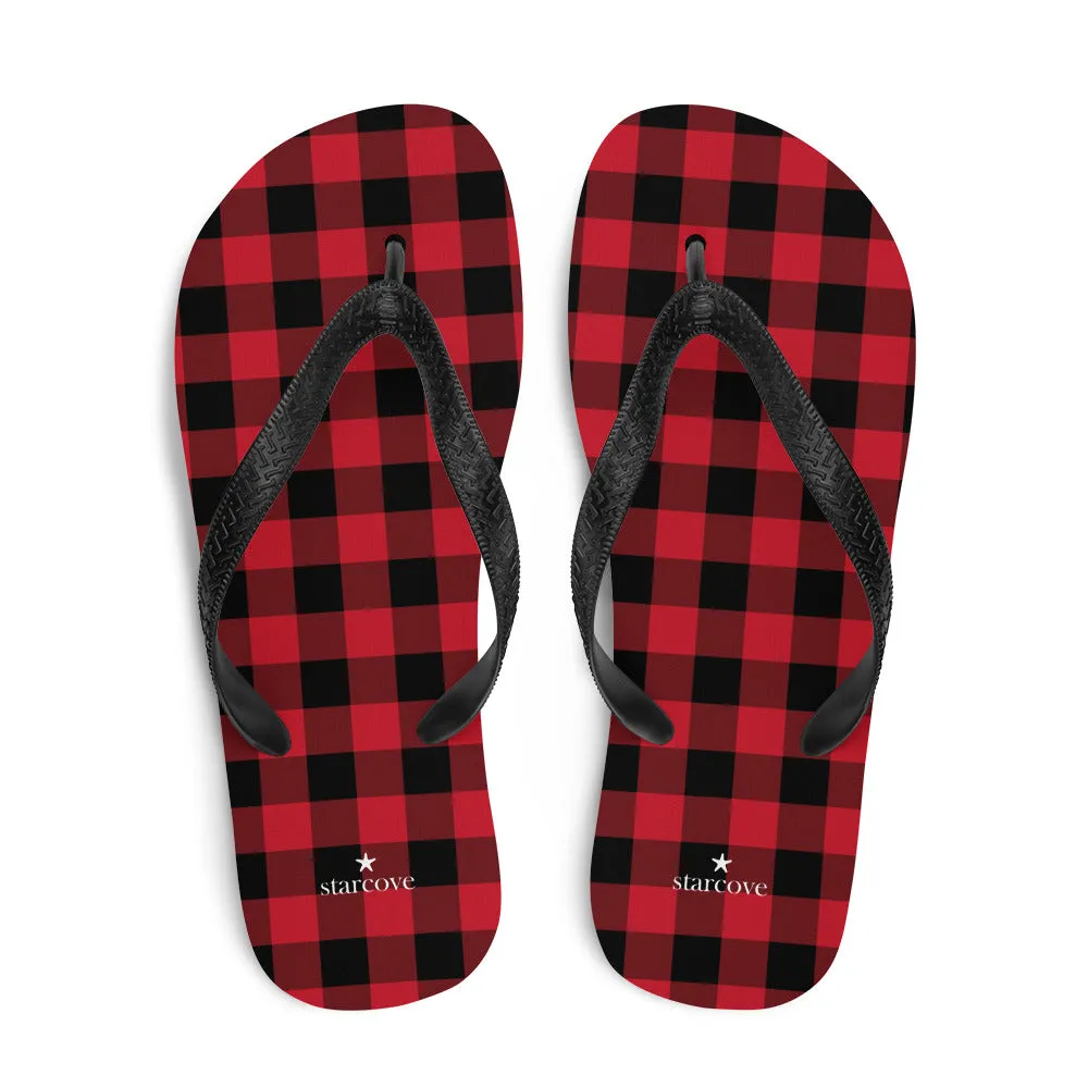 Red Buffalo Plaid Flip Flops, Black Checkered Check Square Pattern Comfortable Thong Sandals Women Men Beach Print Rubber Slippers Shoes