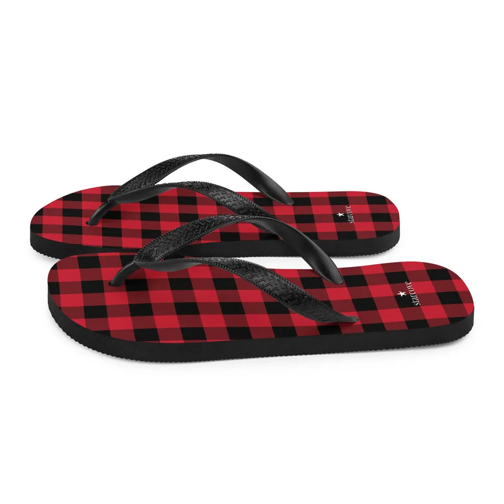Red Buffalo Plaid Flip Flops, Black Checkered Check Square Pattern Comfortable Thong Sandals Women Men Beach Print Rubber Slippers Shoes