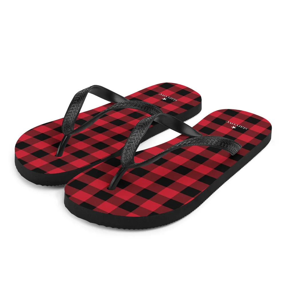 Red Buffalo Plaid Flip Flops, Black Checkered Check Square Pattern Comfortable Thong Sandals Women Men Beach Print Rubber Slippers Shoes