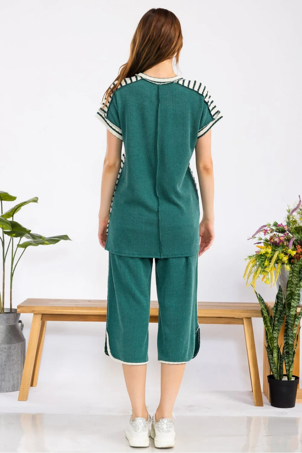 Stripe Contrast Top With Short Cuff Sleeves - H.Green - FINAL SALE