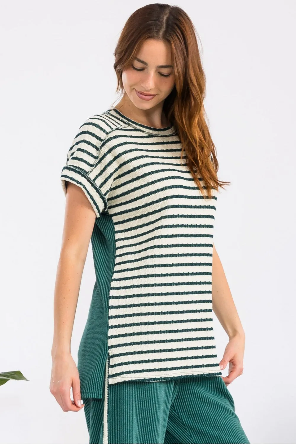 Stripe Contrast Top With Short Cuff Sleeves - H.Green - FINAL SALE