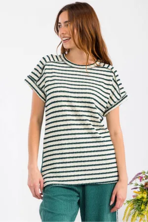 Stripe Contrast Top With Short Cuff Sleeves - H.Green - FINAL SALE