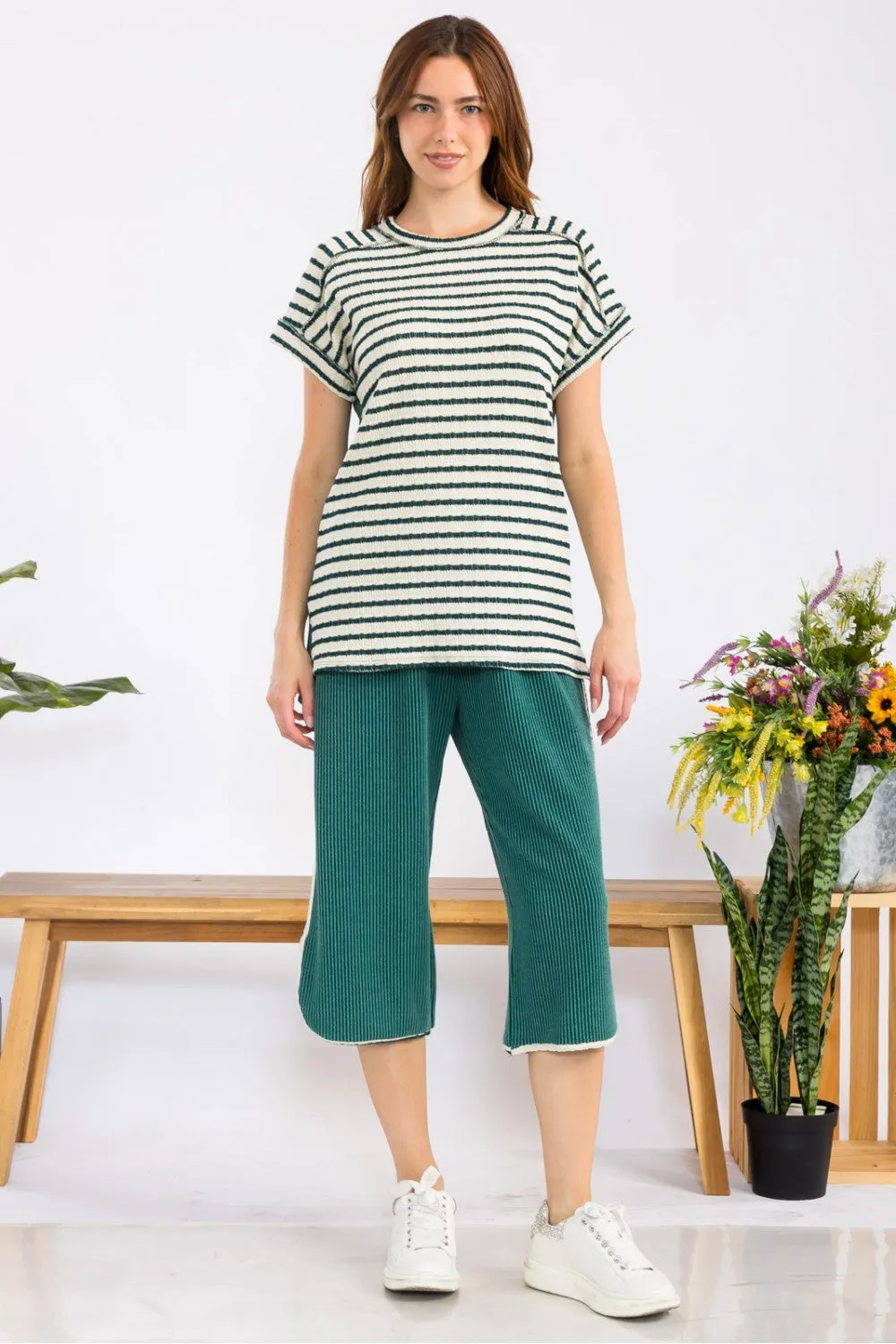 Stripe Contrast Top With Short Cuff Sleeves - H.Green - FINAL SALE