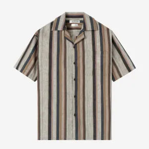 Sunny Vacation Short Sleeve Camp Collar Striped Shirt - Navy Brown