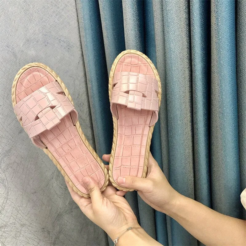 Women Fashion Outdoor Slippers Summer Slides Open Toe Flat Weave Leisure Sandal Female Korean Version Beach Flip Flops Big Size