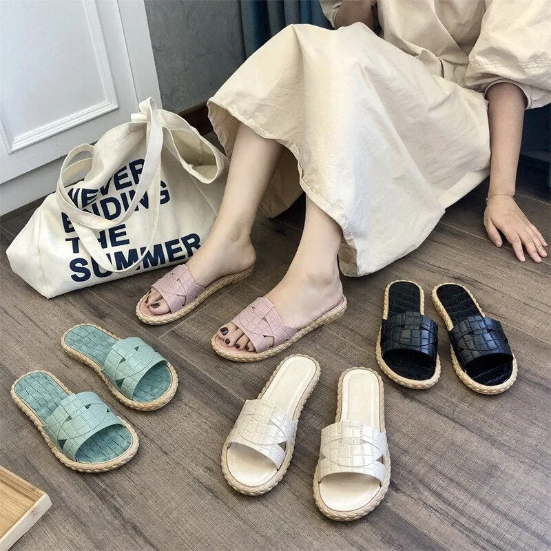 Women Fashion Outdoor Slippers Summer Slides Open Toe Flat Weave Leisure Sandal Female Korean Version Beach Flip Flops Big Size