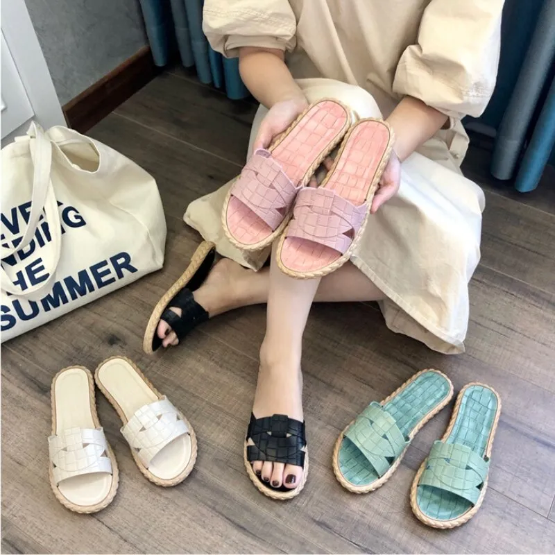 Women Fashion Outdoor Slippers Summer Slides Open Toe Flat Weave Leisure Sandal Female Korean Version Beach Flip Flops Big Size