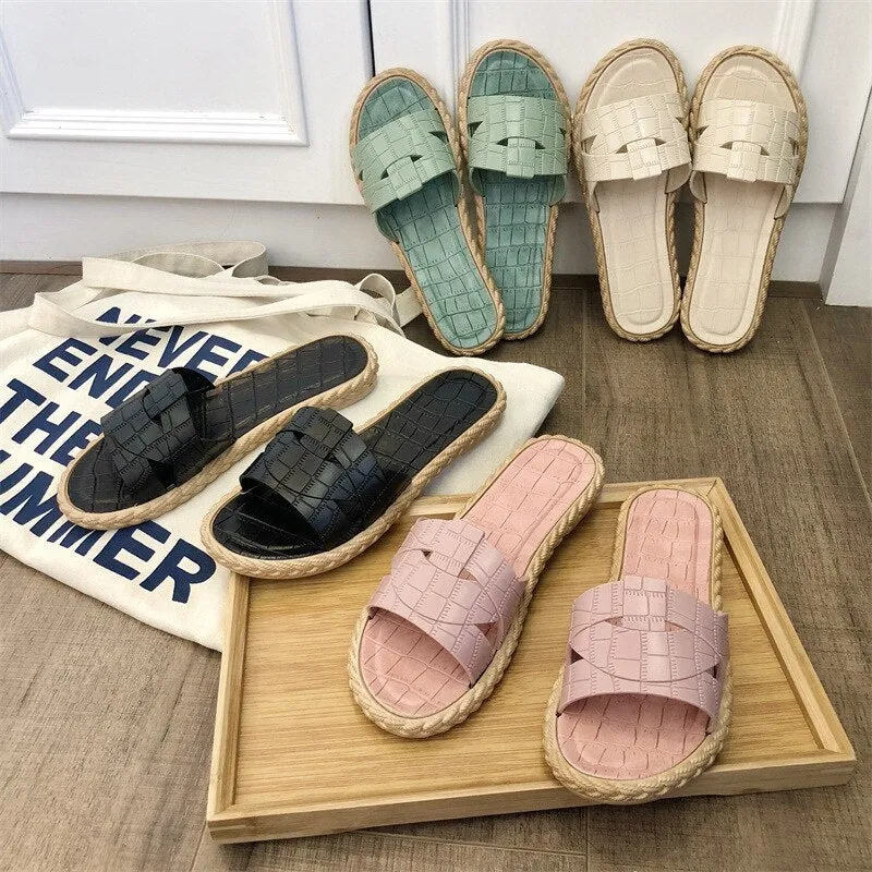 Women Fashion Outdoor Slippers Summer Slides Open Toe Flat Weave Leisure Sandal Female Korean Version Beach Flip Flops Big Size